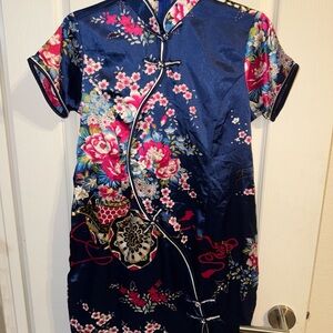 Navy and Pink Floral Satin Dress